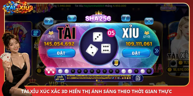 Tài Xỉu xúc xắc 3D hiển thị ánh sáng theo thời gian thực